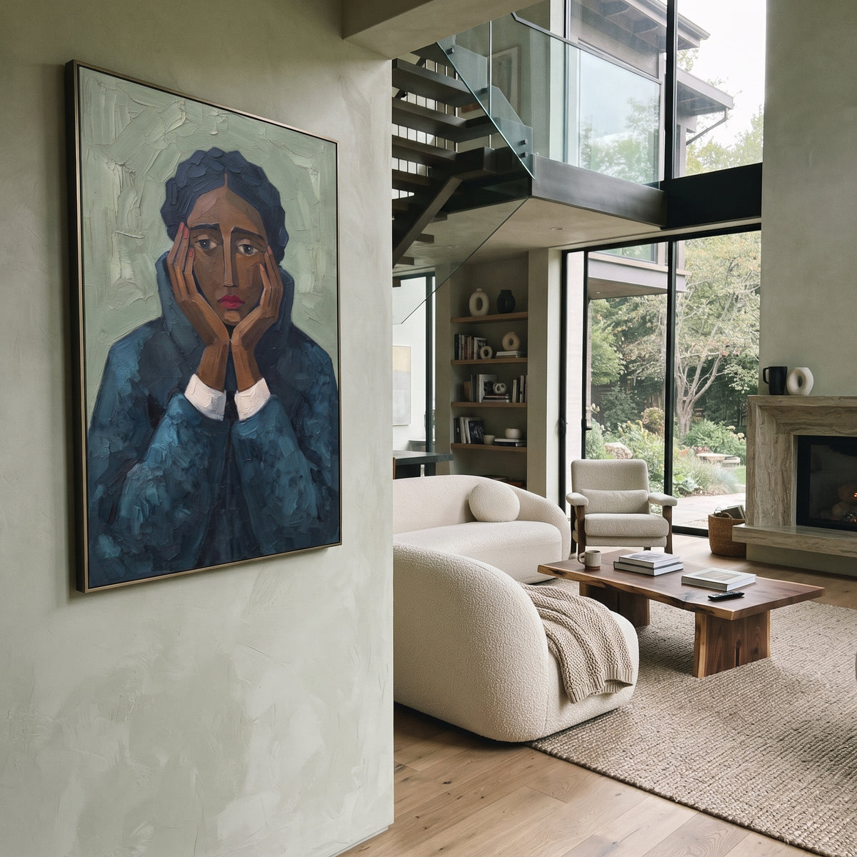 Gathered Gentle Quiet Seated Portrait focuses on a seated woman with folded hands and patterned clothing. The composition keeps the principal subject clearly separated from the painted field, so the eye can follow the specific gesture, silhouette, garment, fur, petal, ridge, or river visible in this artwork. Its color relationships move between blue, beige, and brown, with lighter passages opening the focal area and deeper strokes giving the forms weight. Palette-knife edges, impasto ridges