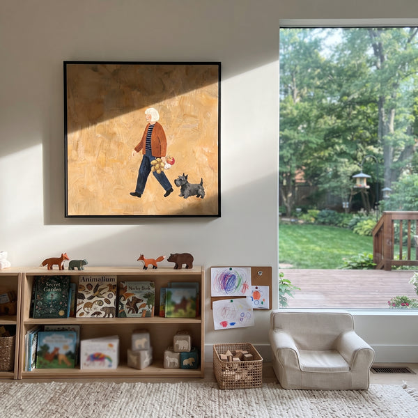 "River Gentle Walking with a Small Dog" - Modern Heavy Impasto Dog Portrait Artwork | Orange & Pink Palette Knife Painting | Luxury Square Wall Art #PT 3238