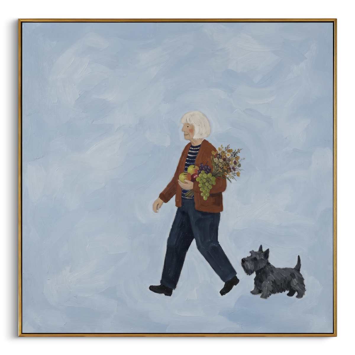 Warm Gentle Walking with a Small Dog focuses on a bundled walker carrying flowers beside a small dog. The composition keeps the principal subject clearly separated from the painted field, so the eye can follow the specific gesture, silhouette, garment, fur, petal, ridge, or river visible in this artwork. Its color relationships move between green, yellow, and beige, with lighter passages opening the focal area and deeper strokes giving the forms weight. Palette-knife edges, impasto ridges