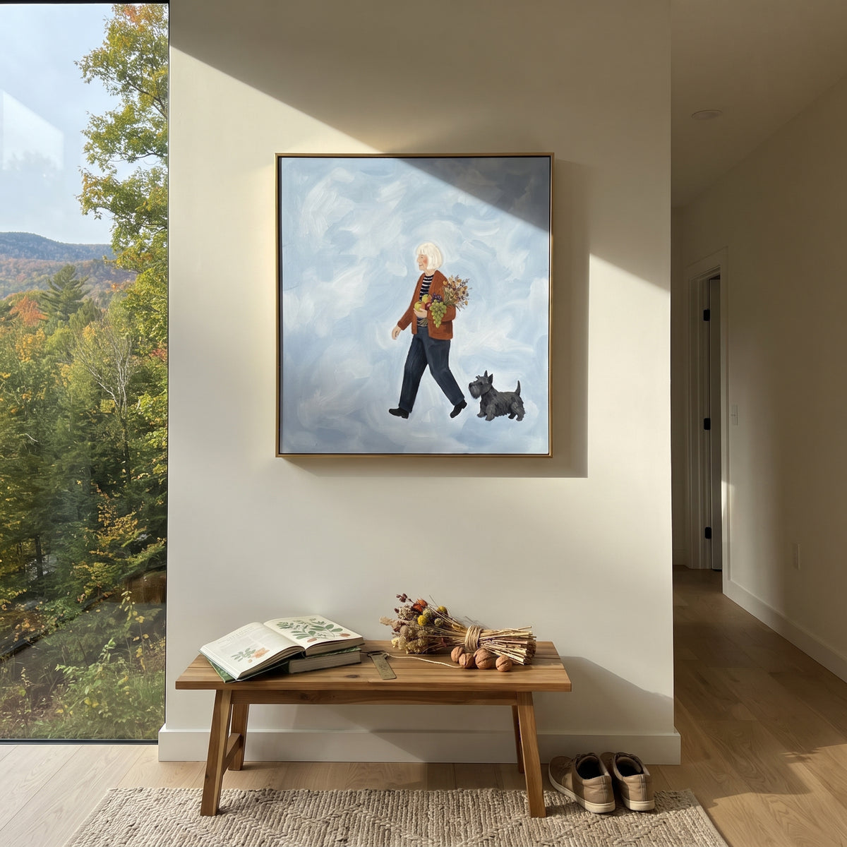 Warm Gentle Walking with a Small Dog focuses on a bundled walker carrying flowers beside a small dog. The composition keeps the principal subject clearly separated from the painted field, so the eye can follow the specific gesture, silhouette, garment, fur, petal, ridge, or river visible in this artwork. Its color relationships move between green, yellow, and beige, with lighter passages opening the focal area and deeper strokes giving the forms weight. Palette-knife edges, impasto ridges