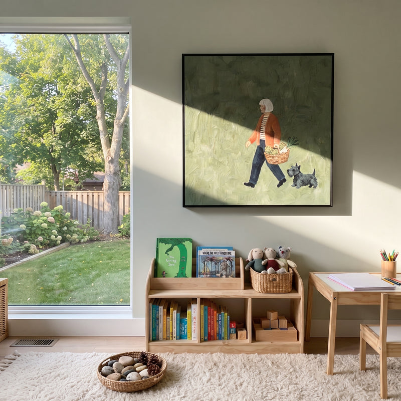 "Still Gentle Walking with a Small Dog" - Modern Heavy Impasto Dog Portrait Artwork | Blue & Grey Palette Knife Painting | Luxury Square Wall Art #PT 3240