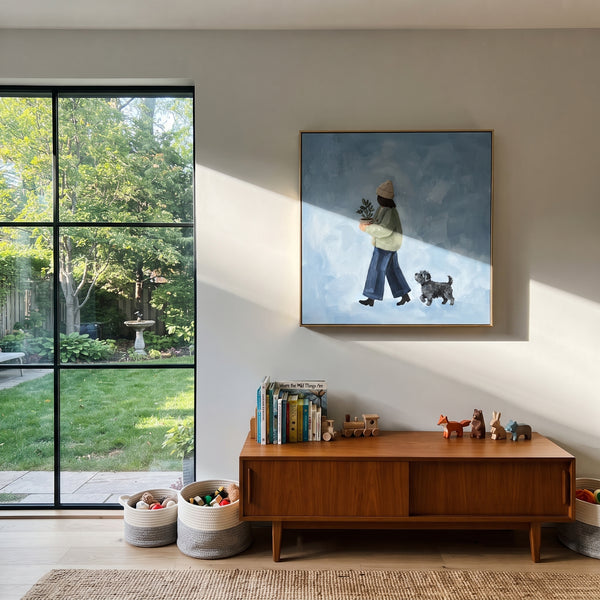 "Open Gentle Walking with a Small Dog" - Modern Heavy Impasto Dog Portrait Artwork | Orange & Black Palette Knife Painting | Luxury Square Wall Art #PT 3242