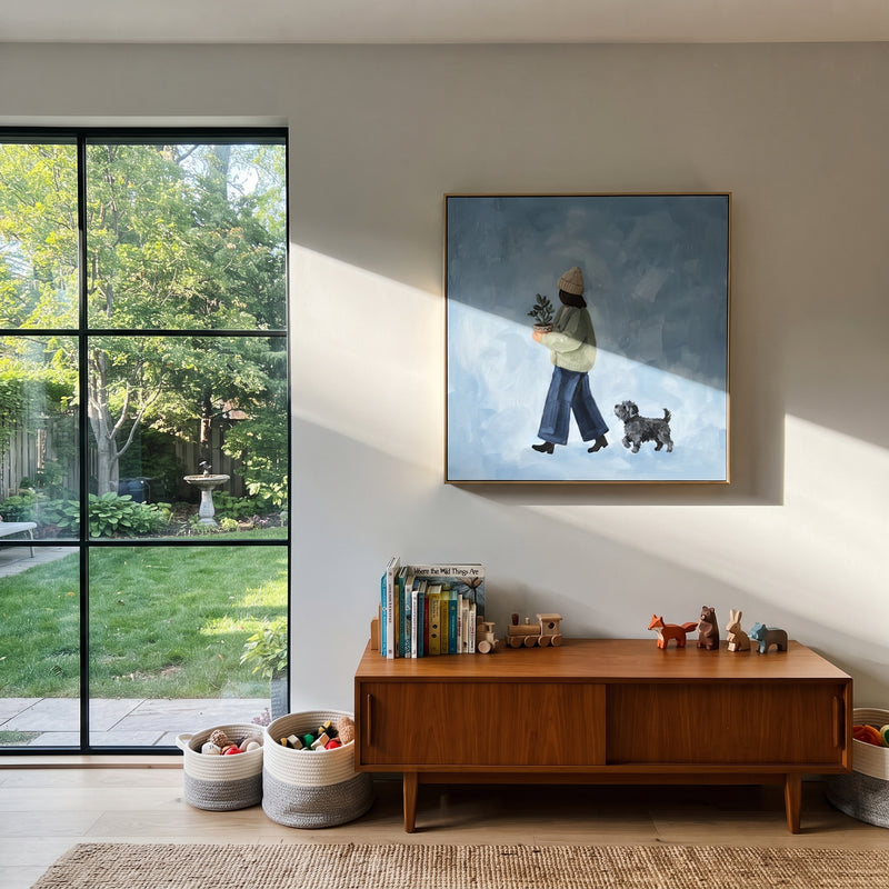"Open Gentle Walking with a Small Dog" - Modern Heavy Impasto Dog Portrait Artwork | Orange & Black Palette Knife Painting | Luxury Square Wall Art #PT 3242