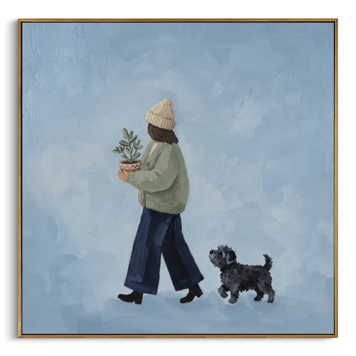 "Open Gentle Walking with a Small Dog" - Modern Heavy Impasto Dog Portrait Artwork | Orange & Black Palette Knife Painting | Luxury Square Wall Art #PT 3242