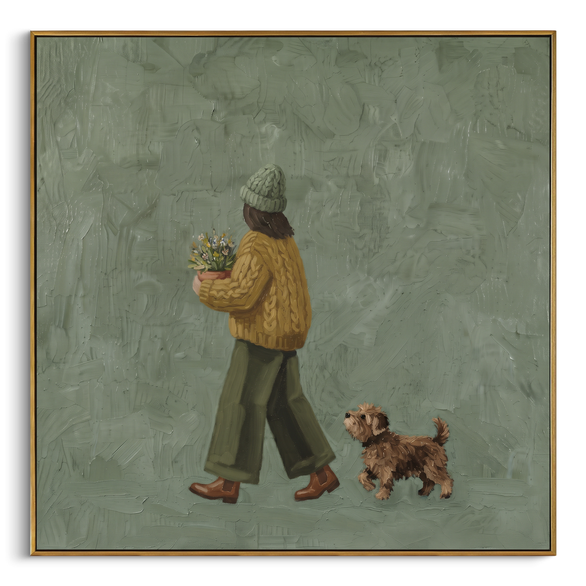"Wandering Gentle Walking with a Small Dog" - Modern Heavy Impasto Dog Portrait Artwork | Blue & Red Palette Knife Painting | Luxury Square Wall Art #PT 3243