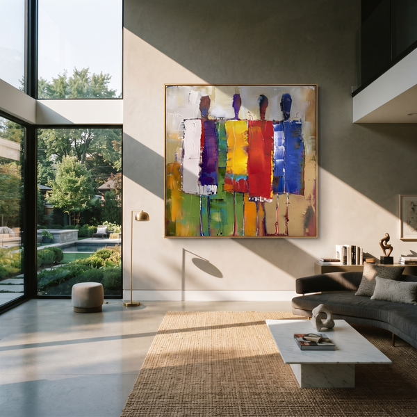 "Colorful Abstract Figures Painting" - Modern Heavy Impasto Abstract Artwork | Red & Blue Palette Knife Painting | Luxury Square Wall Art #PT 646