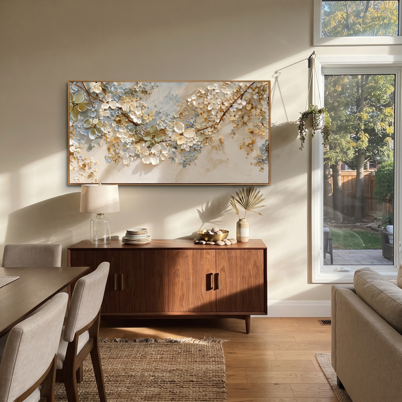 "White Blossom Relief Painting" - Modern Heavy Impasto Floral Abstract | White & Golden Palette Knife Painting | Luxury Horizontal Wall Art #PT 647