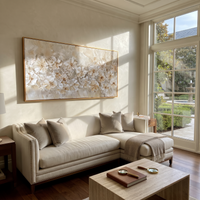 This 100% hand-painted floral abstract features this hand-painted horizontal canvas features raised white flowers across a soft beige textured ground. The quiet neutral floral artwork adds handmade depth and calm elegance to bedrooms, living rooms, dining rooms, entries, offices, and serene interiors. The composition is built from sculptural flower petals, creamy plaster texture, and subtle warm highlights. Its horizontal shape works well above sofas, headboards, and long console walls.