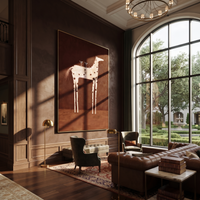 This 100% hand-painted western animal artwork features this hand-painted vertical canvas shows a stylized cream horse on a deep brown ground, with playful spots and two small glasses resting on its back. The whimsical folk animal artwork brings warmth and character to living rooms, entries, dining rooms, offices, and eclectic interiors. The composition keeps the horse simple and iconic, using warm brown background texture and light cream brushwork. Its vertical format gives the animal figure a