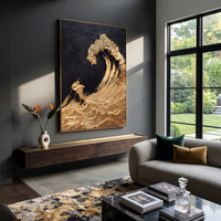 This 100% hand-painted coastal landscape features this hand-painted vertical canvas features a dramatic black and gold abstract wave with raised metallic texture and sweeping movement. The bold wall art brings luxury contrast to living rooms, offices, lounges, dining rooms, entries, and statement interiors. The composition combines a deep black textured ground with a curling gold wave form and heavy raised accents. Its vertical format gives the wave a strong sculptural presence.