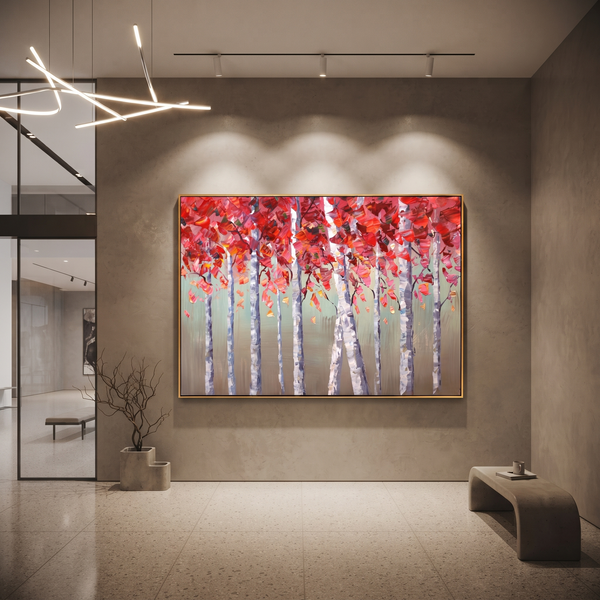 "Red Aspen Forest Painting" - Modern Heavy Impasto Coastal Landscape | Red & Grey Palette Knife Painting | Luxury Horizontal Wall Art #PT 674