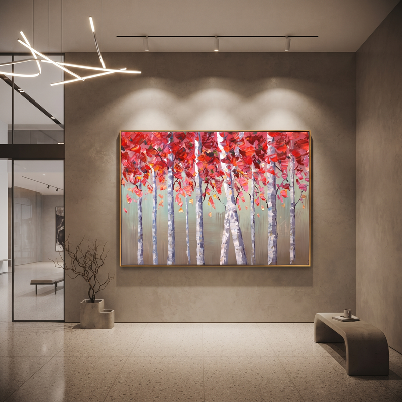 "Red Aspen Forest Painting" - Modern Heavy Impasto Coastal Landscape | Red & Grey Palette Knife Painting | Luxury Horizontal Wall Art #PT 674