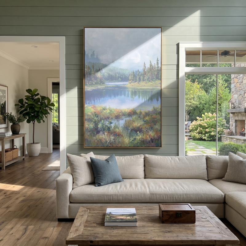 "Misty Forest Lake Textured Painting" - Modern Heavy Impasto Abstract Artwork | Blue & Green Palette Knife Painting | Luxury Vertical Wall Art #PT 678