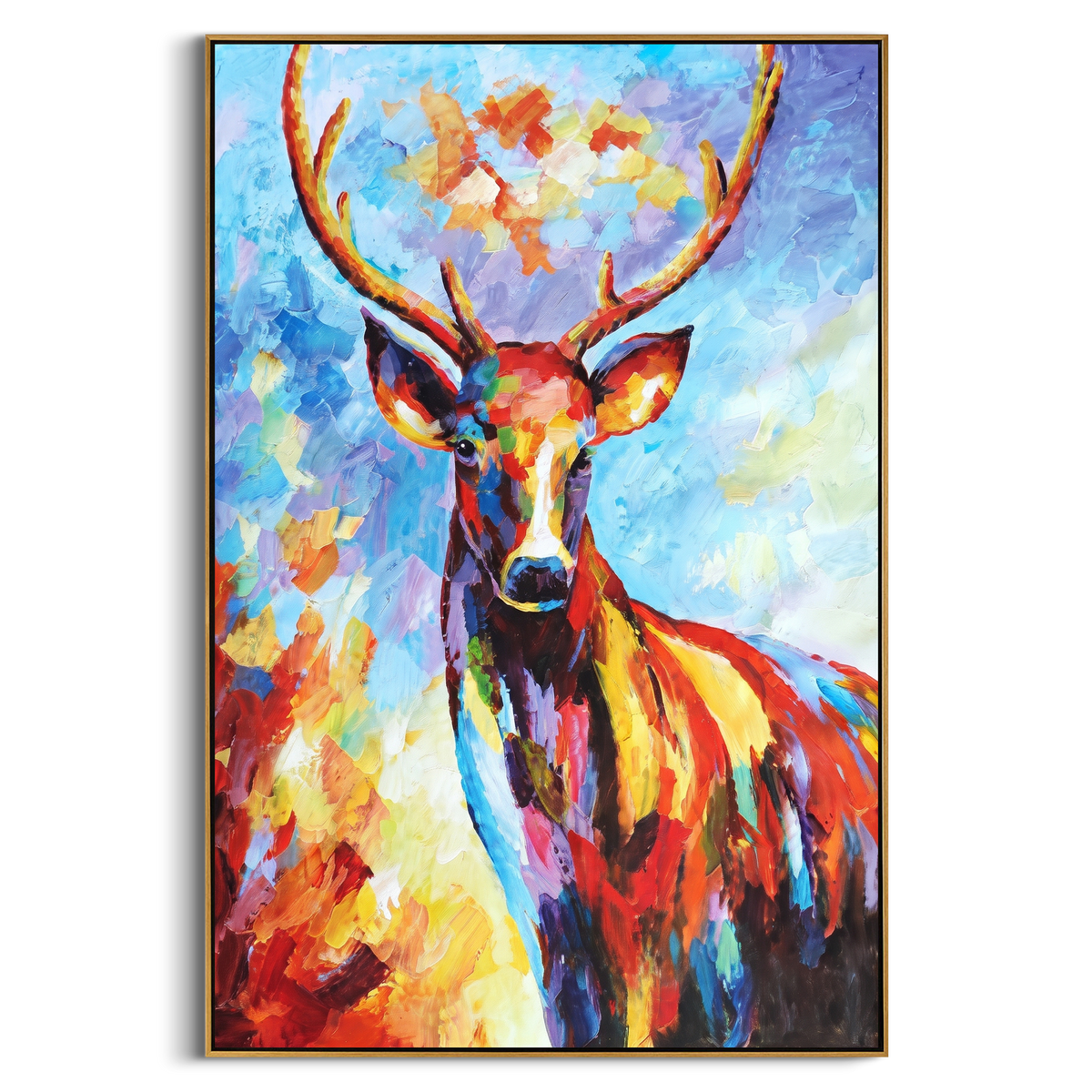 "Colorful Deer Portrait Painting" - Modern Heavy Impasto Western Animal Artwork | Blue & Orange Palette Knife Painting | Luxury Vertical Wall Art #PT 700