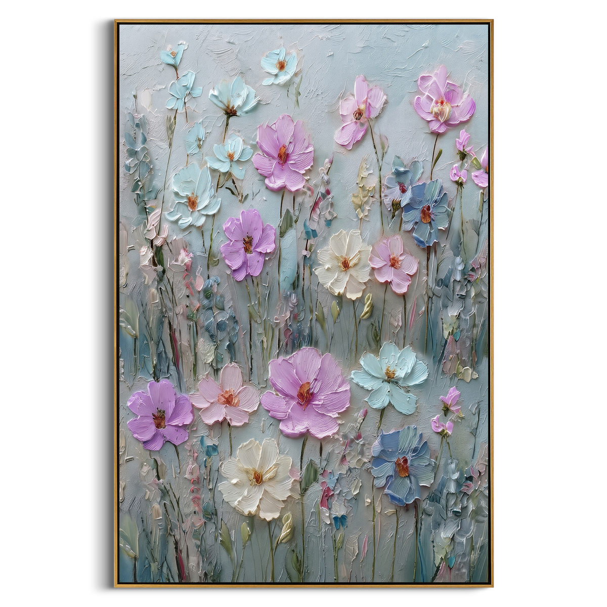 "Blue Pink Floral Relief Painting" - Modern Heavy Impasto Floral Abstract | Blue & Pink Palette Knife Painting | Luxury Vertical Wall Art #PT 701