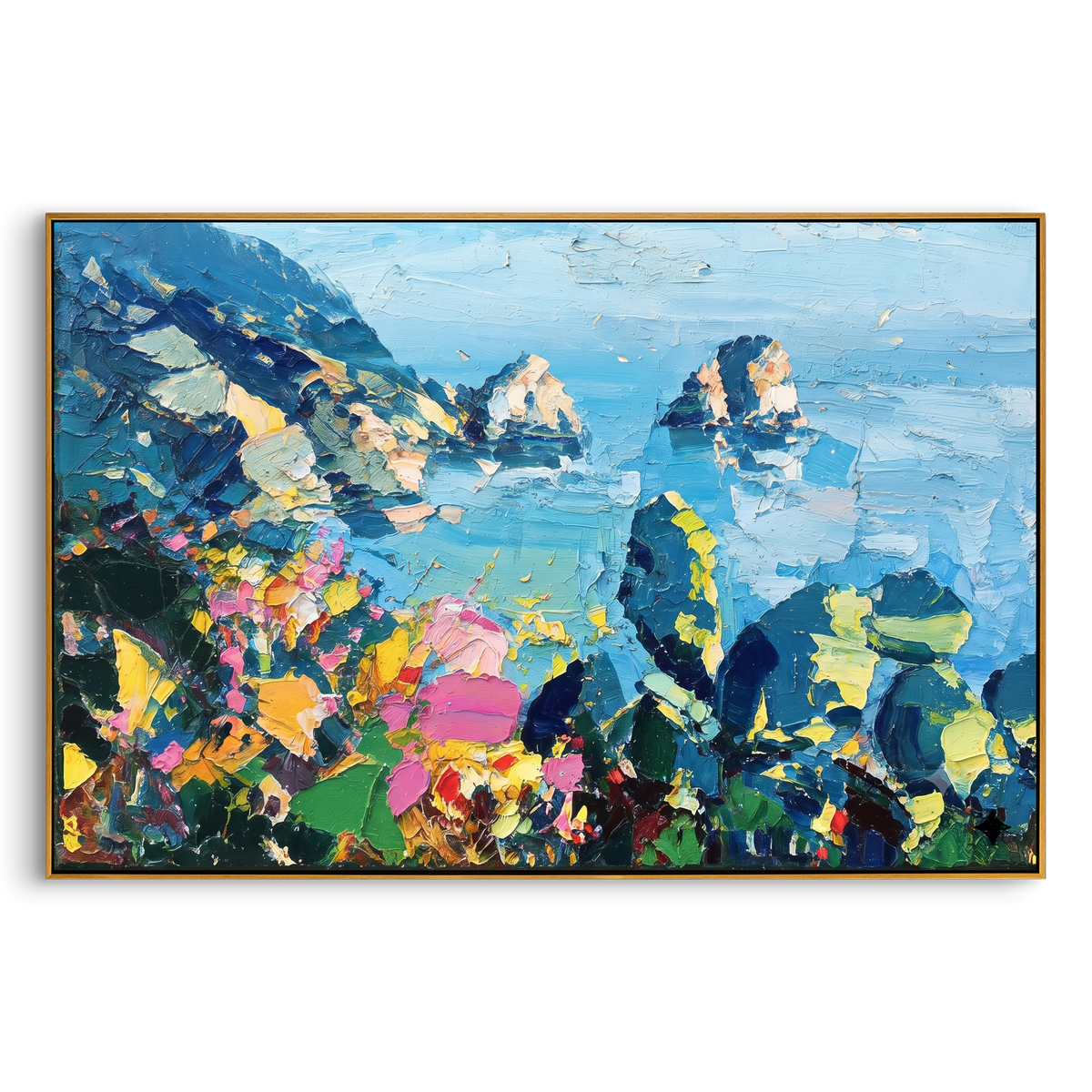 "Coastal Flower Cove Painting" - Modern Heavy Impasto Coastal Landscape | Blue & Green Palette Knife Painting | Luxury Horizontal Wall Art #PT 702