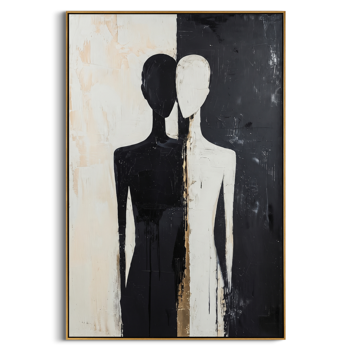 "Black White Couple Abstract Painting" - Modern Heavy Impasto Abstract Artwork | Black & White Palette Knife Painting | Luxury Vertical Wall Art #PT 703