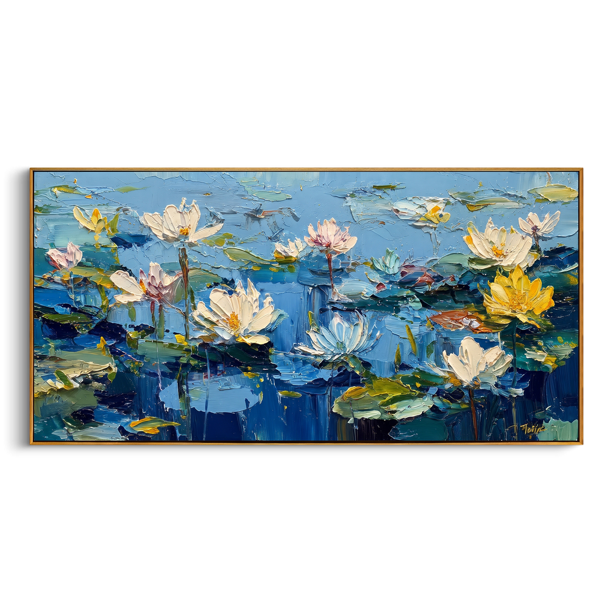 "Blue Lotus Pond Painting" - Modern Heavy Impasto Floral Abstract | Blue & Green Palette Knife Painting | Luxury Horizontal Wall Art #PT 707