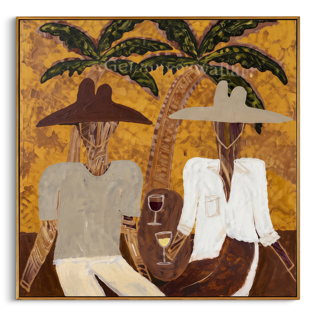 "Western Palm Musicians Painting" - Modern Heavy Impasto Western Animal Artwork | Golden & Brown Palette Knife Painting | Luxury Square Wall Art #PT 708