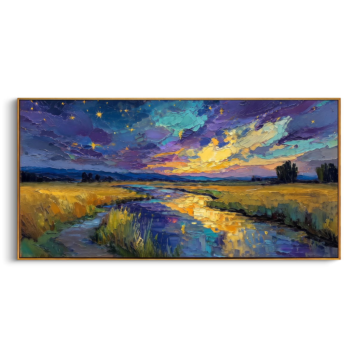 "Starry Wetland Sunset Painting" - Modern Heavy Impasto Abstract Artwork | Blue & Golden Palette Knife Painting | Luxury Horizontal Wall Art #PT 709