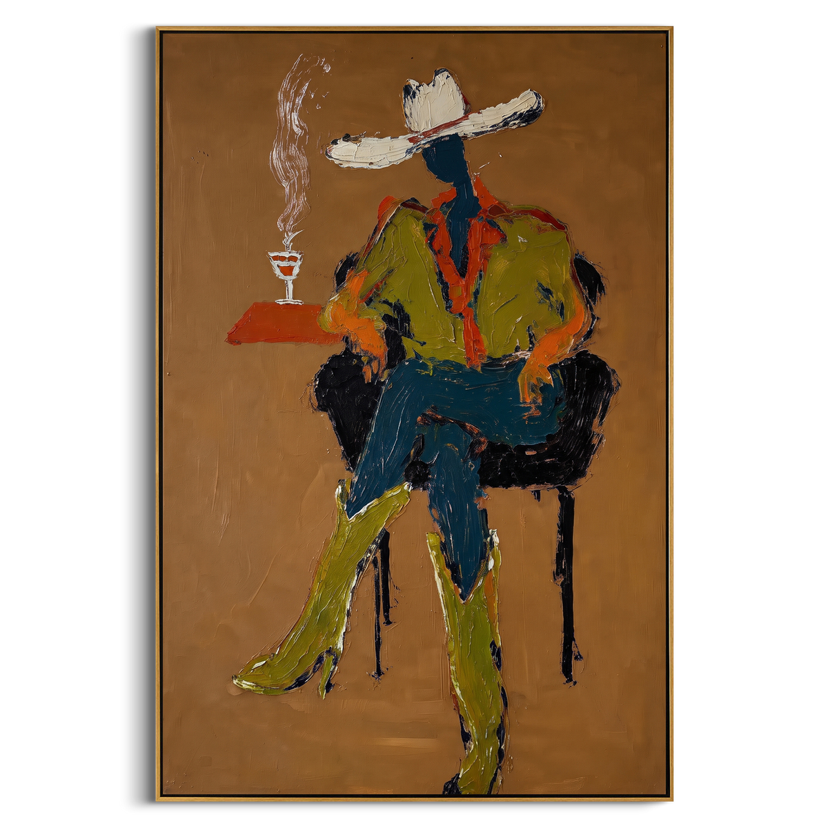 "Seated Western Cowboy Painting" - Modern Heavy Impasto Coastal Landscape | Brown & Green Palette Knife Painting | Luxury Vertical Wall Art #PT 710