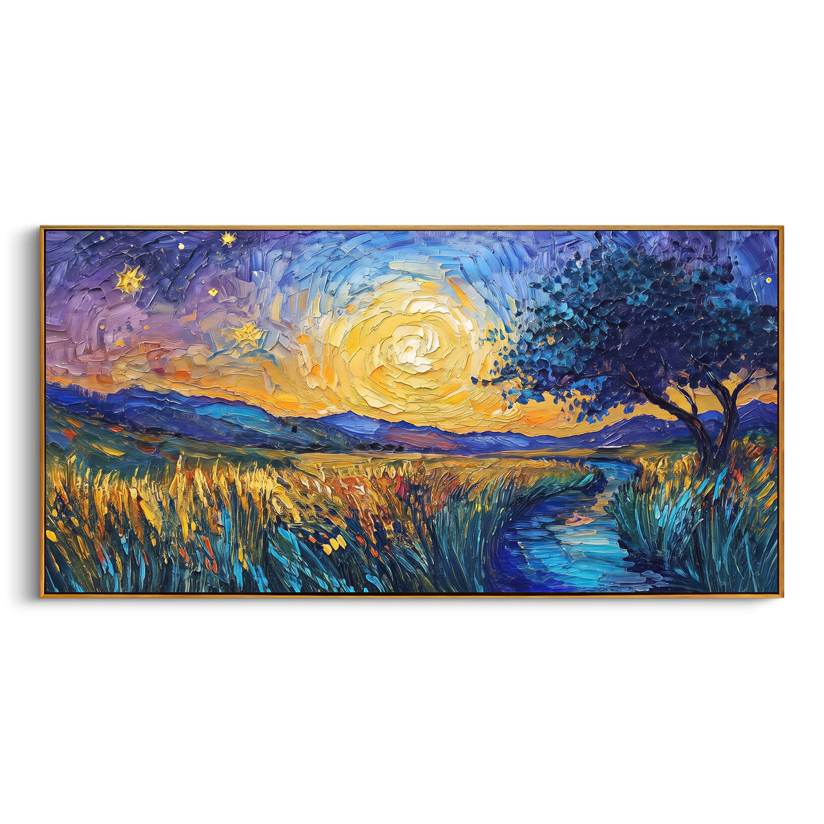 "Moonlit Meadow River Painting" - Modern Heavy Impasto Abstract Artwork | Blue & Golden Palette Knife Painting | Luxury Horizontal Wall Art #PT 712