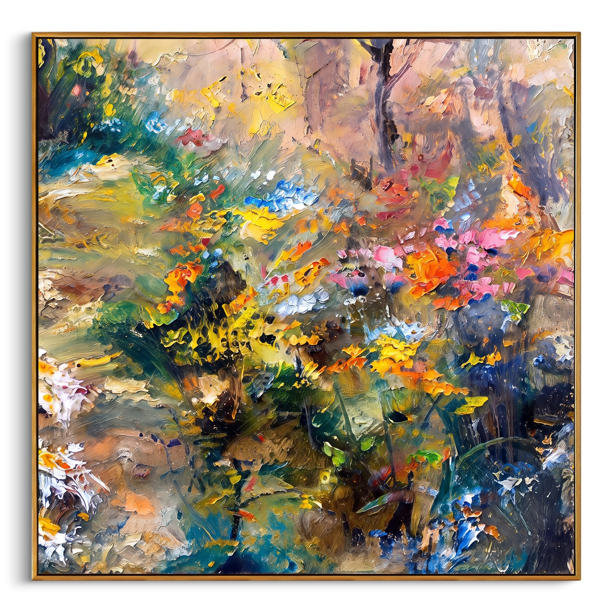 "Colorful Garden Floral Painting" - Modern Heavy Impasto Floral Abstract | Green & Pink Palette Knife Painting | Luxury Square Wall Art #PT 713
