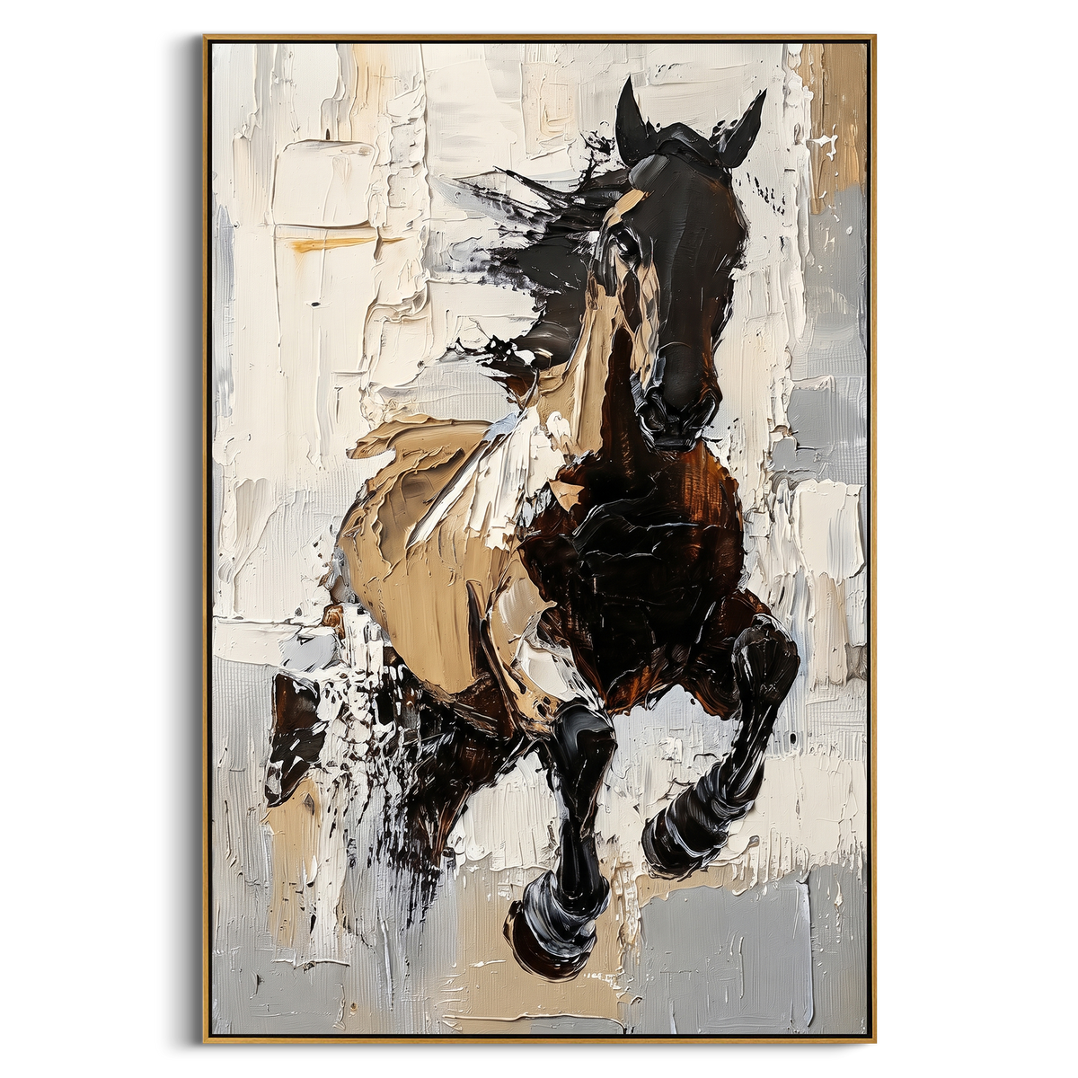 "Textured Running Horse Painting" - Modern Heavy Impasto Western Animal Artwork | Black & Brown Palette Knife Painting | Luxury Vertical Wall Art #PT 715