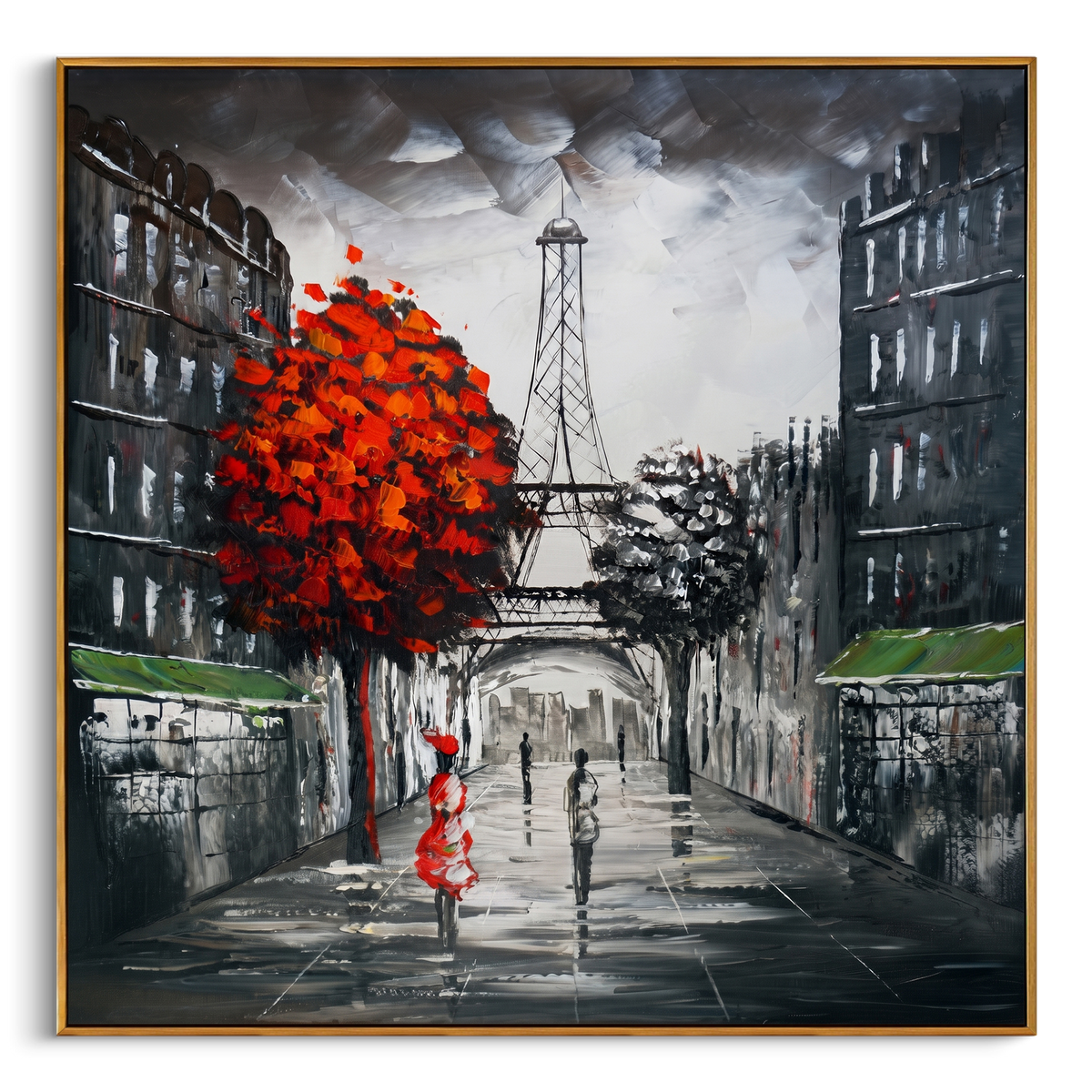 "Paris Red Tree Street Painting" - Modern Heavy Impasto Abstract Artwork | Grey & Black Palette Knife Painting | Luxury Square Wall Art #PT 717