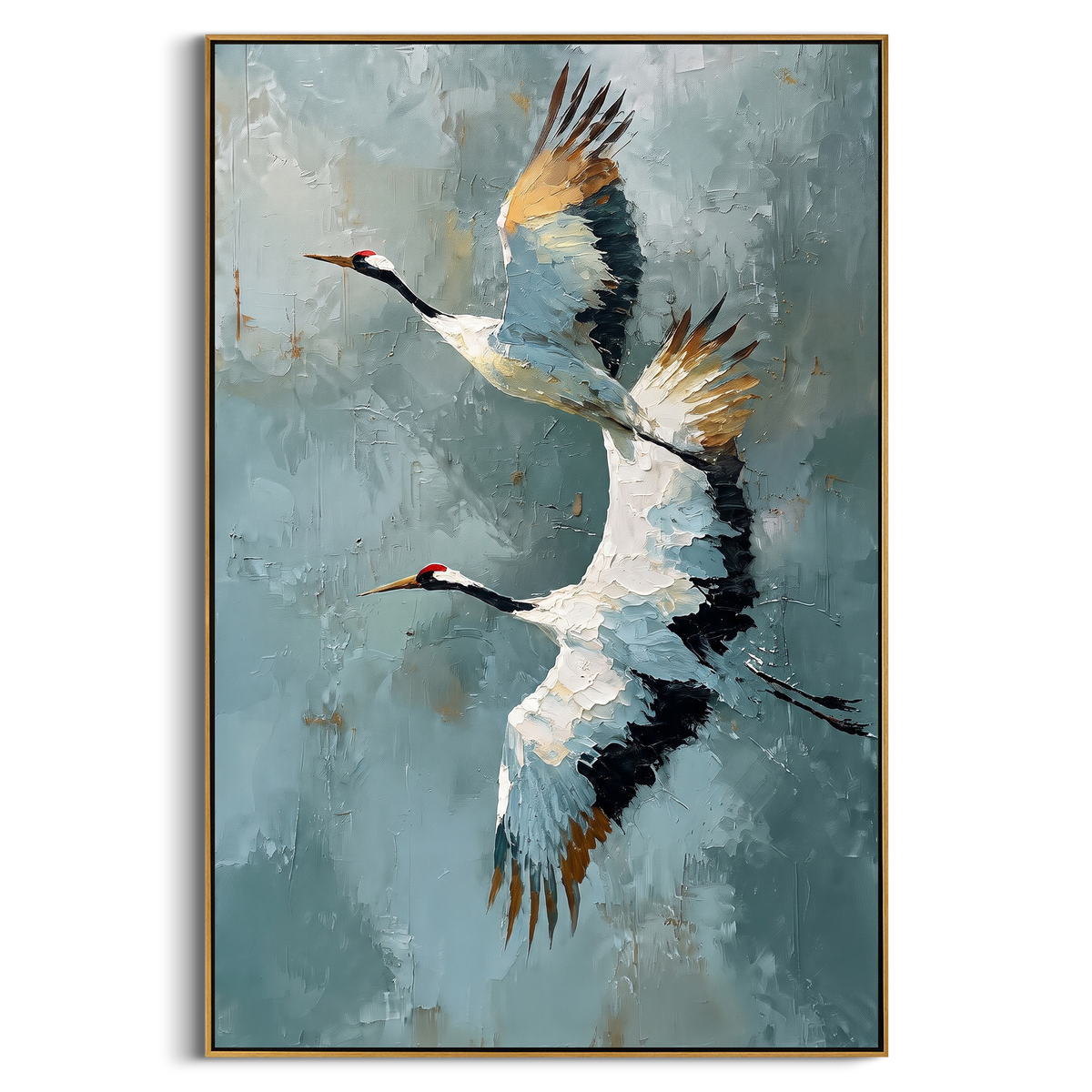 "Flying Crane Texture Painting" - Modern Heavy Impasto Western Animal Artwork | Blue & White Palette Knife Painting | Luxury Vertical Wall Art #PT 718