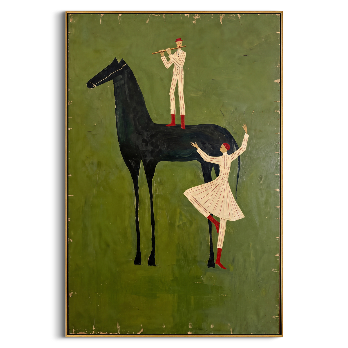 "Folk Horse Musicians Painting" - Modern Heavy Impasto Western Animal Artwork | Green & Black Palette Knife Painting | Luxury Vertical Wall Art #PT 720