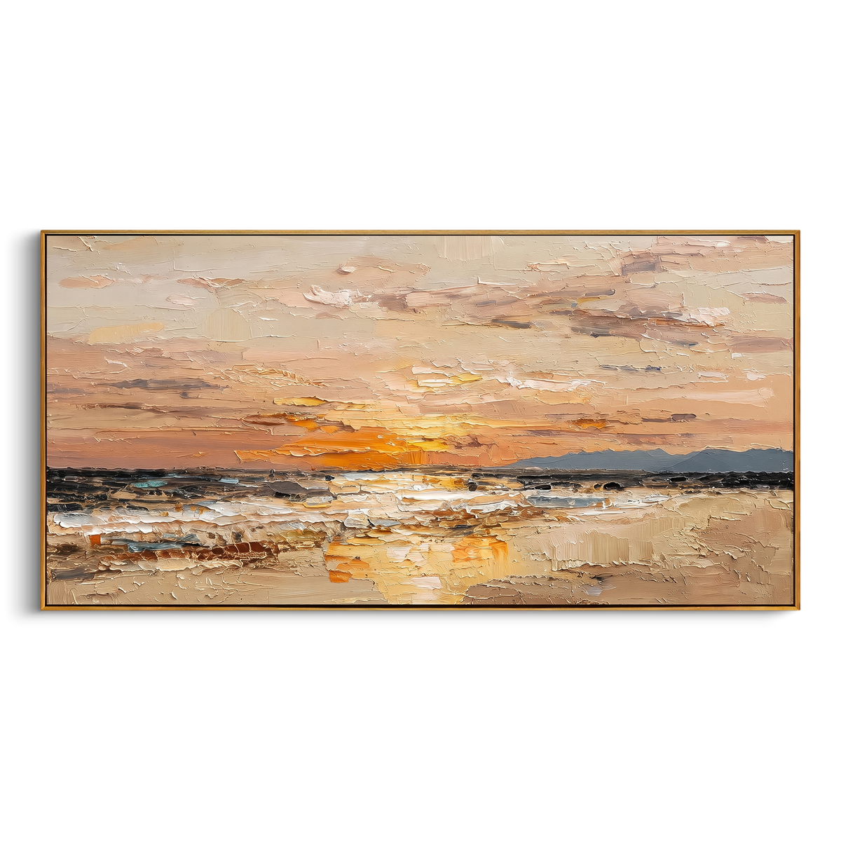 "Golden Beach Sunset Painting" - Modern Heavy Impasto Coastal Landscape | Beige & Golden Palette Knife Painting | Luxury Horizontal Wall Art #PT 721