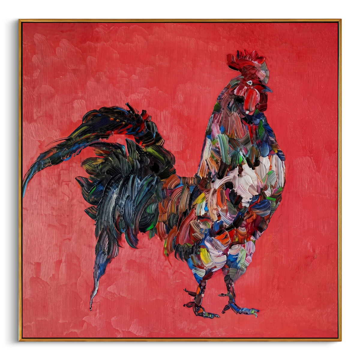 "Colorful Rooster Painting" - Modern Heavy Impasto Western Animal Artwork | Red & Black Palette Knife Painting | Luxury Square Wall Art #PT 724