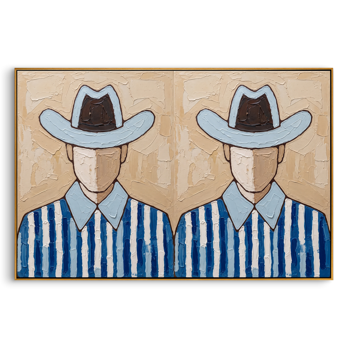 "Twin Cowboy Portrait Painting" - Modern Heavy Impasto Western Animal Artwork | Blue & White Palette Knife Painting | Luxury Horizontal Wall Art #PT 725