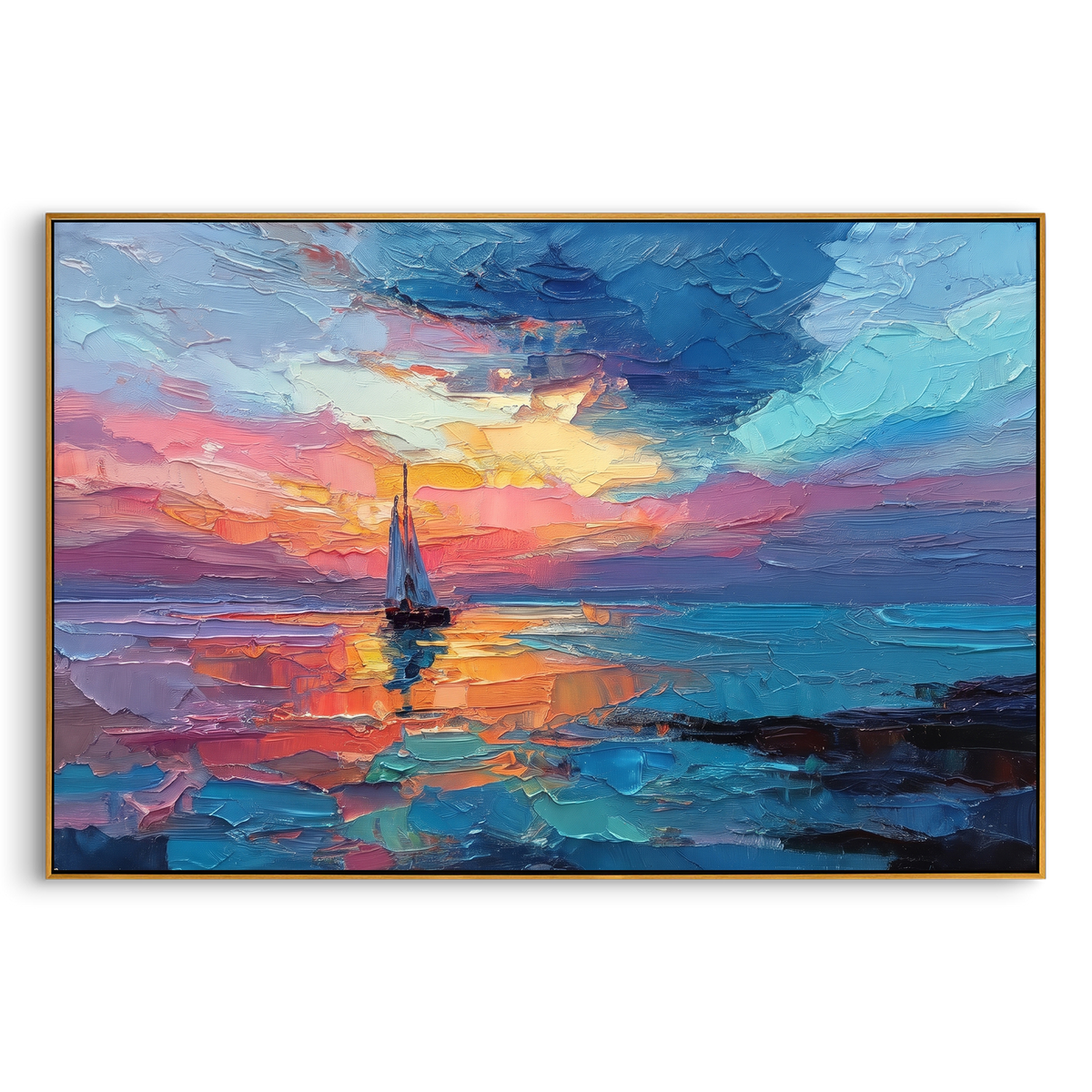 "Sailboat Sunset Seascape Painting" - Modern Heavy Impasto Coastal Landscape | Blue & Pink Palette Knife Painting | Luxury Horizontal Wall Art #PT 727