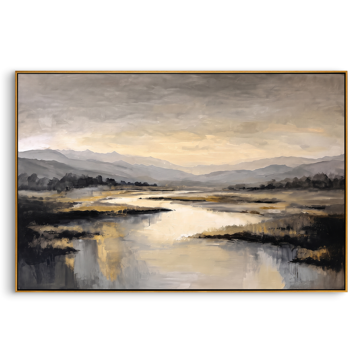 "Misty Mountain Lake Painting" - Modern Heavy Impasto Landscape Artwork | Grey & Golden Palette Knife Painting | Luxury Horizontal Wall Art #PT 728