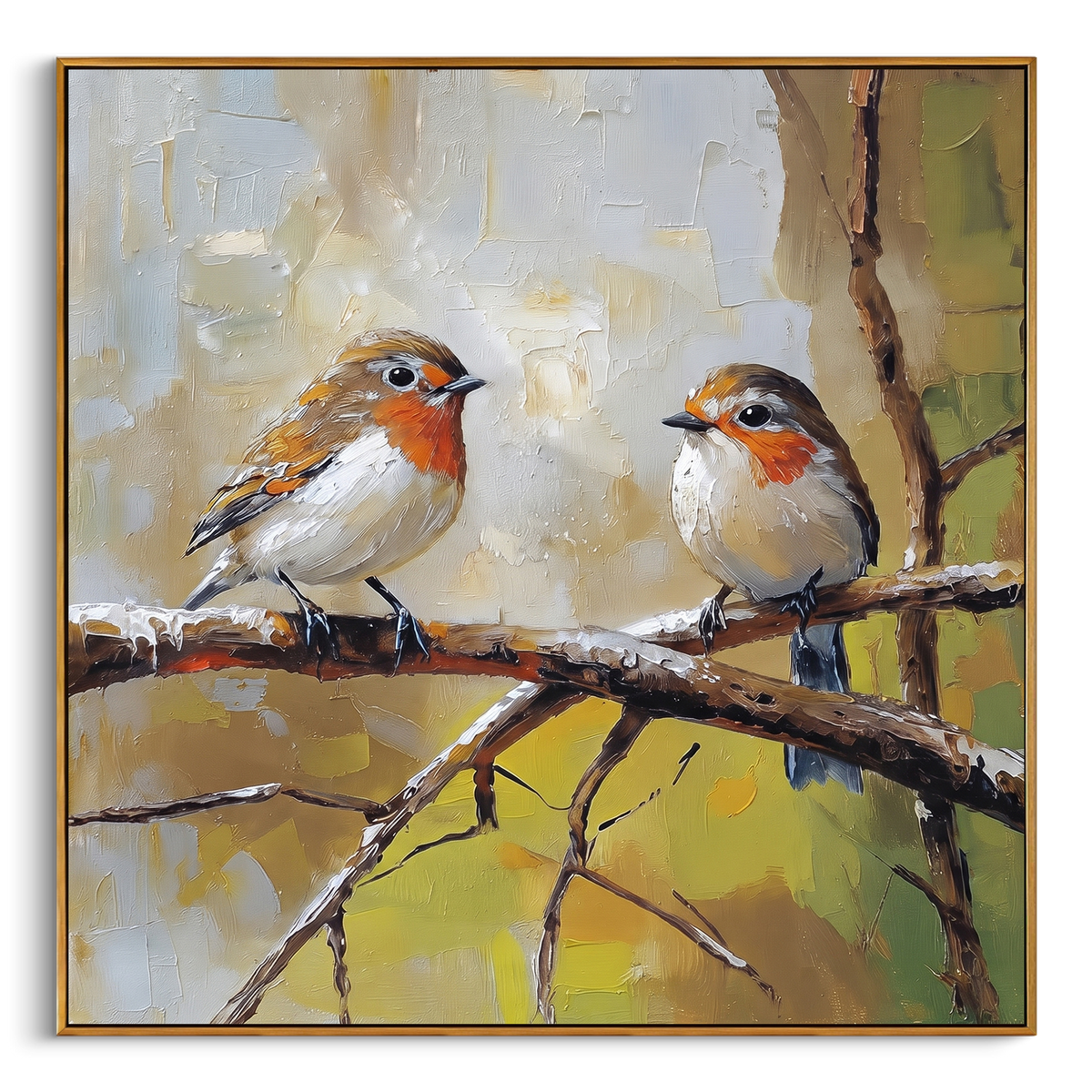 "Two Birds Branch Painting" - Modern Heavy Impasto Western Animal Artwork | Brown & Green Palette Knife Painting | Luxury Square Wall Art #PT 733
