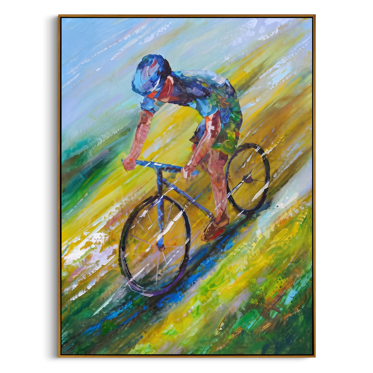 "Colorful Cyclist Racing Painting" - Modern Heavy Impasto Western Animal Artwork | Blue & Green Palette Knife Painting | Luxury Vertical Wall Art #PT 734