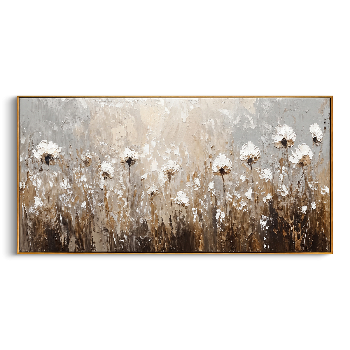 "White Flower Field Texture Painting" - Modern Heavy Impasto Floral Abstract | White & Grey Palette Knife Painting | Luxury Horizontal Wall Art #PT 735