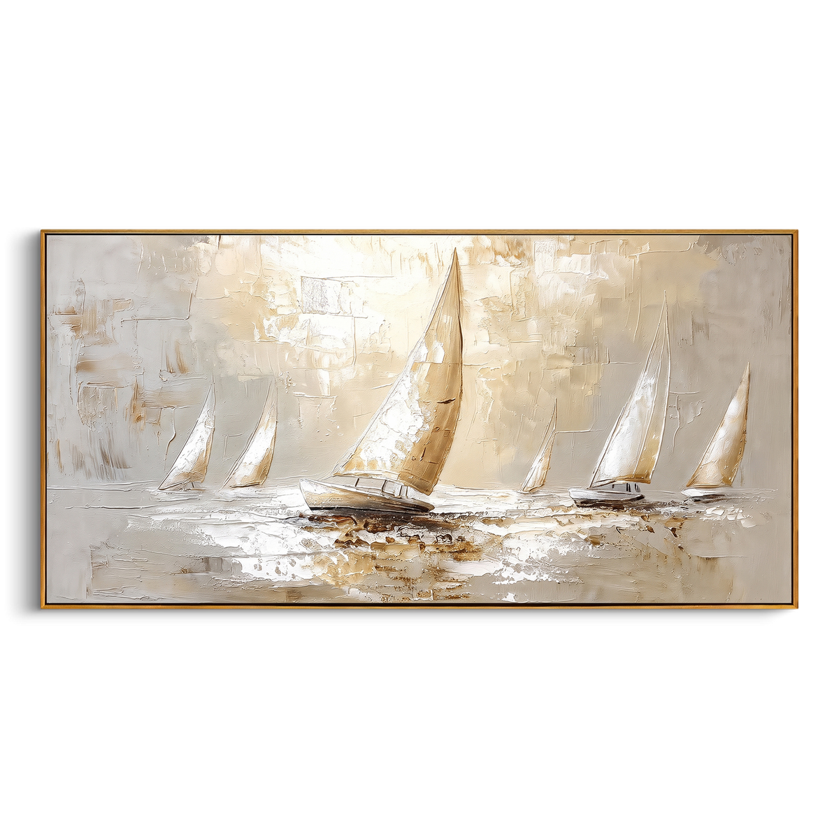 "Golden Sailboat Seascape Painting" - Modern Heavy Impasto Coastal Landscape | White & Golden Palette Knife Painting | Luxury Horizontal Wall Art #PT 736