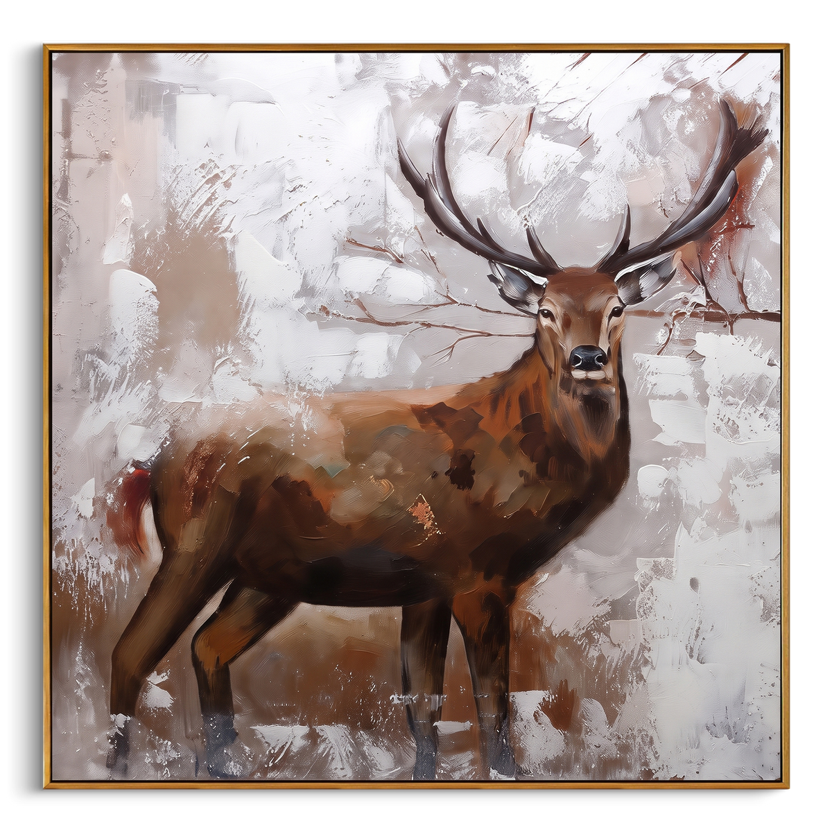 "Brown Deer Portrait Painting" - Modern Heavy Impasto Western Animal Artwork | Brown & White Palette Knife Painting | Luxury Square Wall Art #PT 738