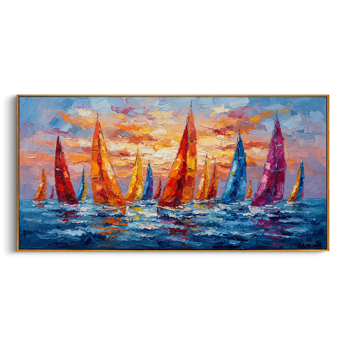 "Colorful Sailboat Seascape Painting" - Modern Heavy Impasto Coastal Landscape | Blue & Orange Palette Knife Painting | Luxury Horizontal Wall Art #PT 739