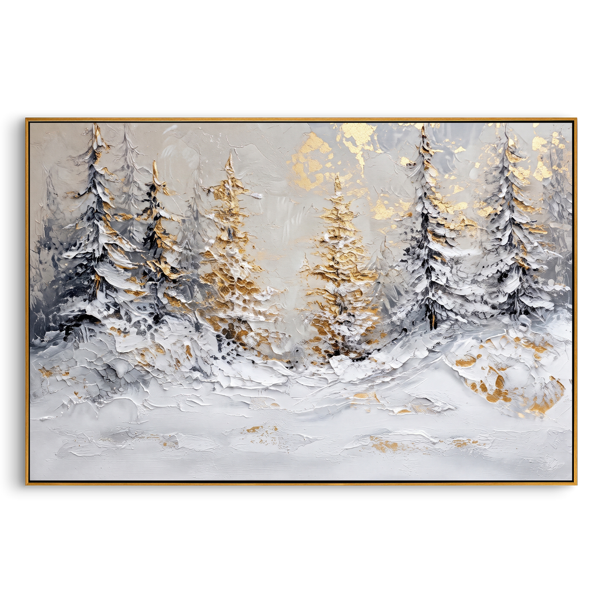 "Golden Snow Forest Painting" - Modern Heavy Impasto Abstract Artwork | White & Grey Palette Knife Painting | Luxury Horizontal Wall Art #PT 740