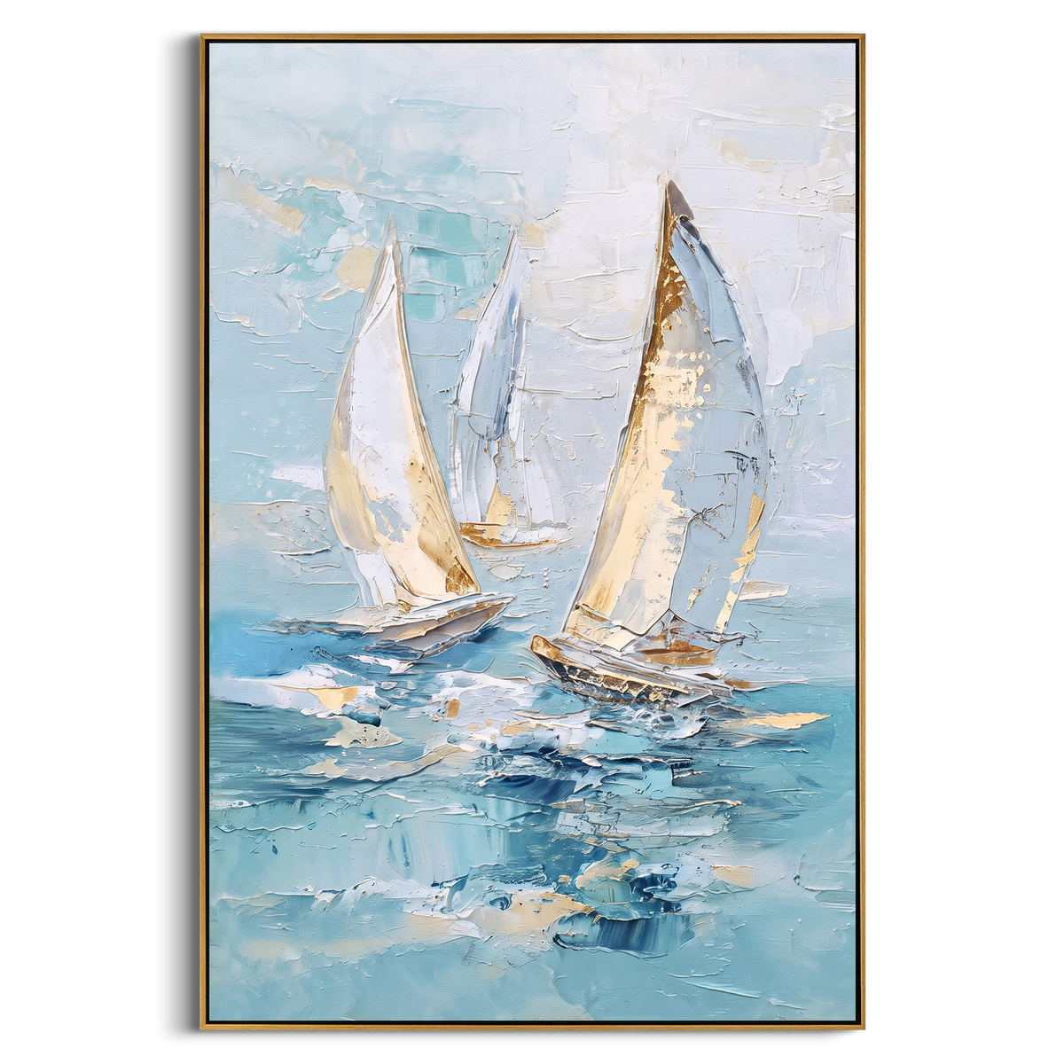 "Blue White Sailboat Painting" - Modern Heavy Impasto Coastal Landscape | Blue & White Palette Knife Painting | Luxury Vertical Wall Art #PT 753