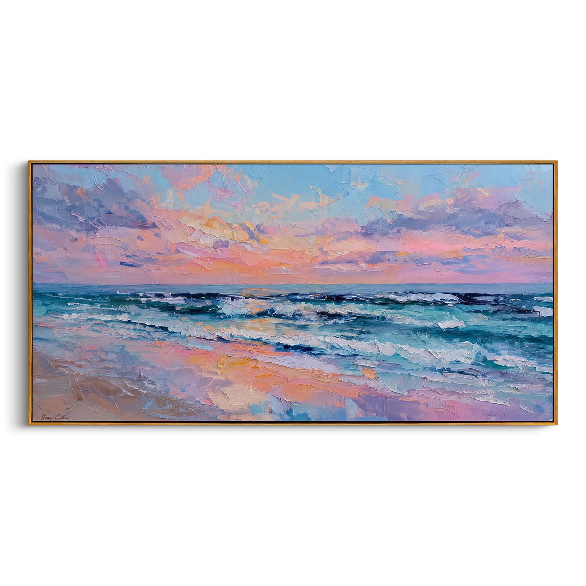 "Pink Blue Ocean Sunset Painting" - Modern Heavy Impasto Coastal Landscape | Blue & Pink Palette Knife Painting | Luxury Horizontal Wall Art #PT 754