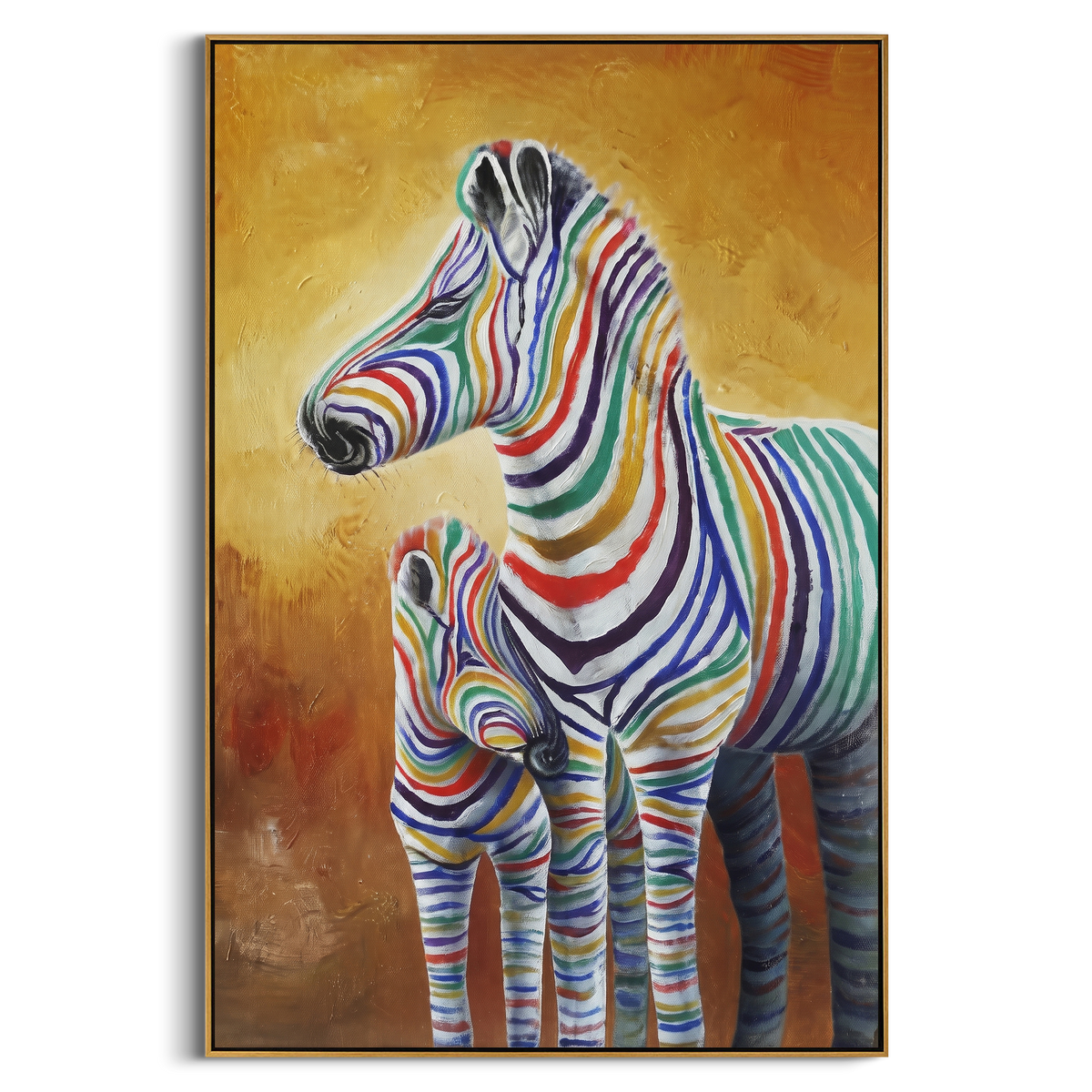 "Colorful Zebra Family Painting" - Modern Heavy Impasto Western Animal Artwork | Gold & Green Palette Knife Painting | Luxury Vertical Wall Art #PT 755