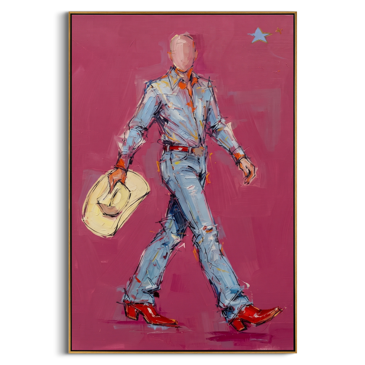"Pink Western Figure Painting" - Modern Heavy Impasto Western Animal Artwork | Pink & Blue Palette Knife Painting | Luxury Vertical Wall Art #PT 757