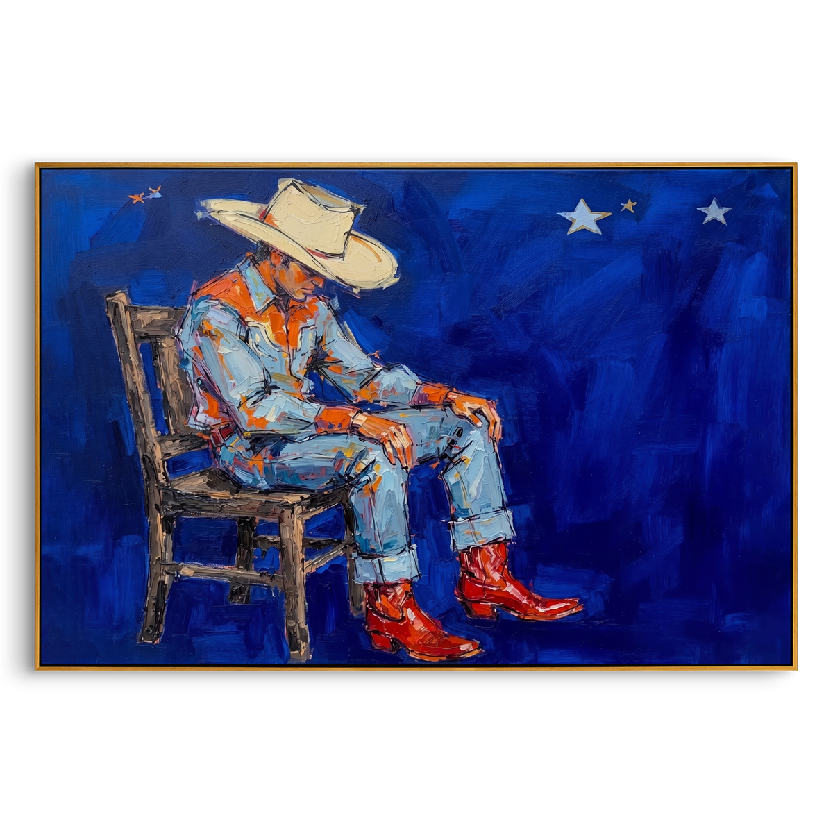 "Blue Seated Cowboy Painting" - Modern Heavy Impasto Coastal Landscape | Blue & Orange Palette Knife Painting | Luxury Horizontal Wall Art #PT 758