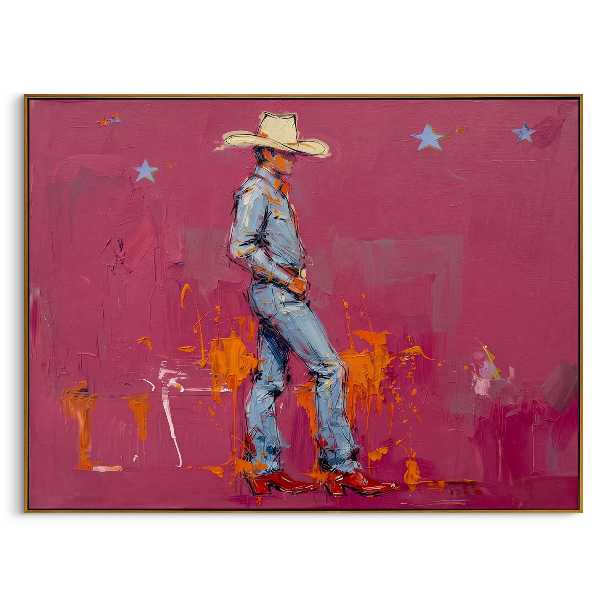 "Pink Walking Cowboy Painting" - Modern Heavy Impasto Western Animal Artwork | Pink & Blue Palette Knife Painting | Luxury Horizontal Wall Art #PT 759