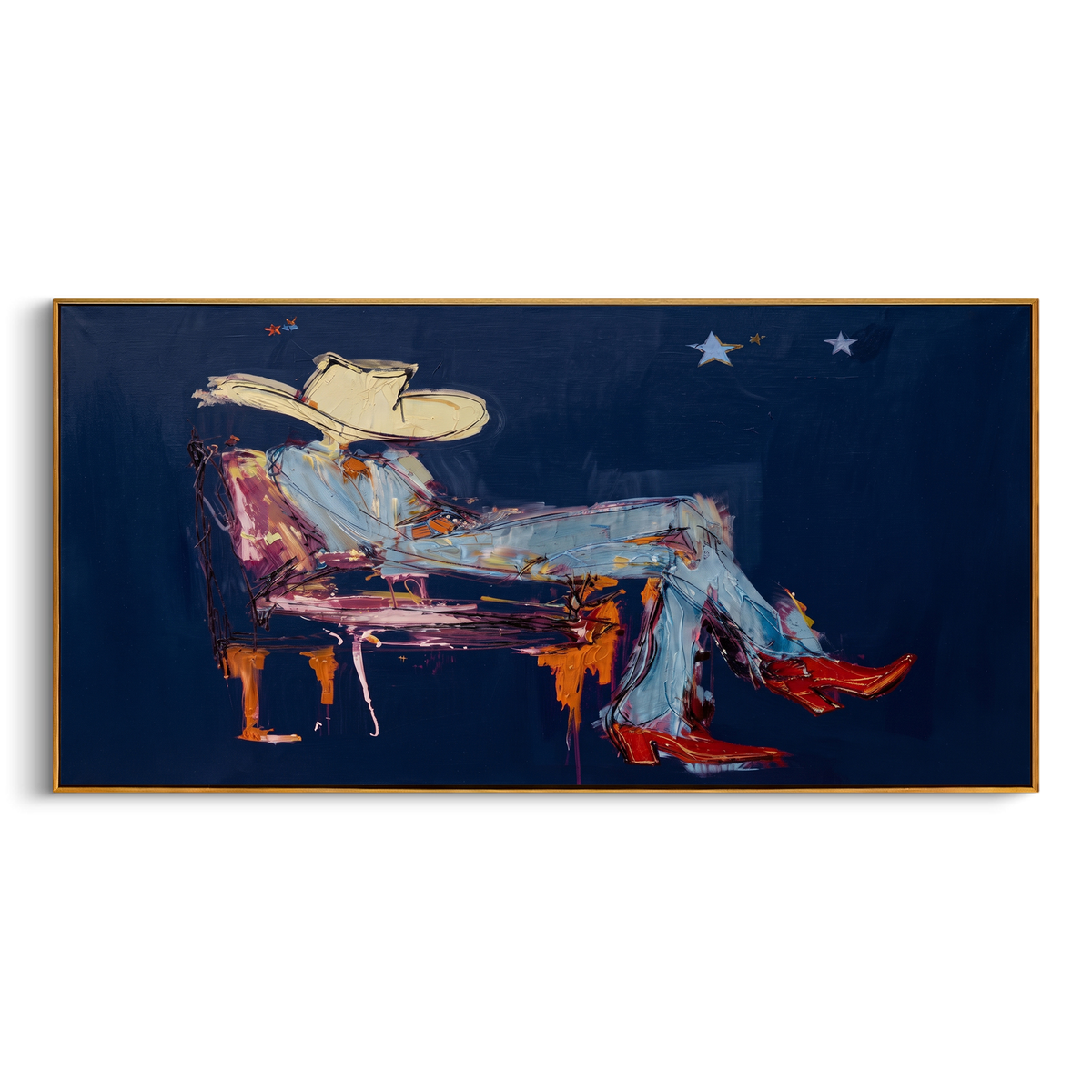 "Blue Reclining Cowboy Painting" - Modern Heavy Impasto Western Animal Artwork | Blue & Pink Palette Knife Painting | Luxury Horizontal Wall Art #PT 760